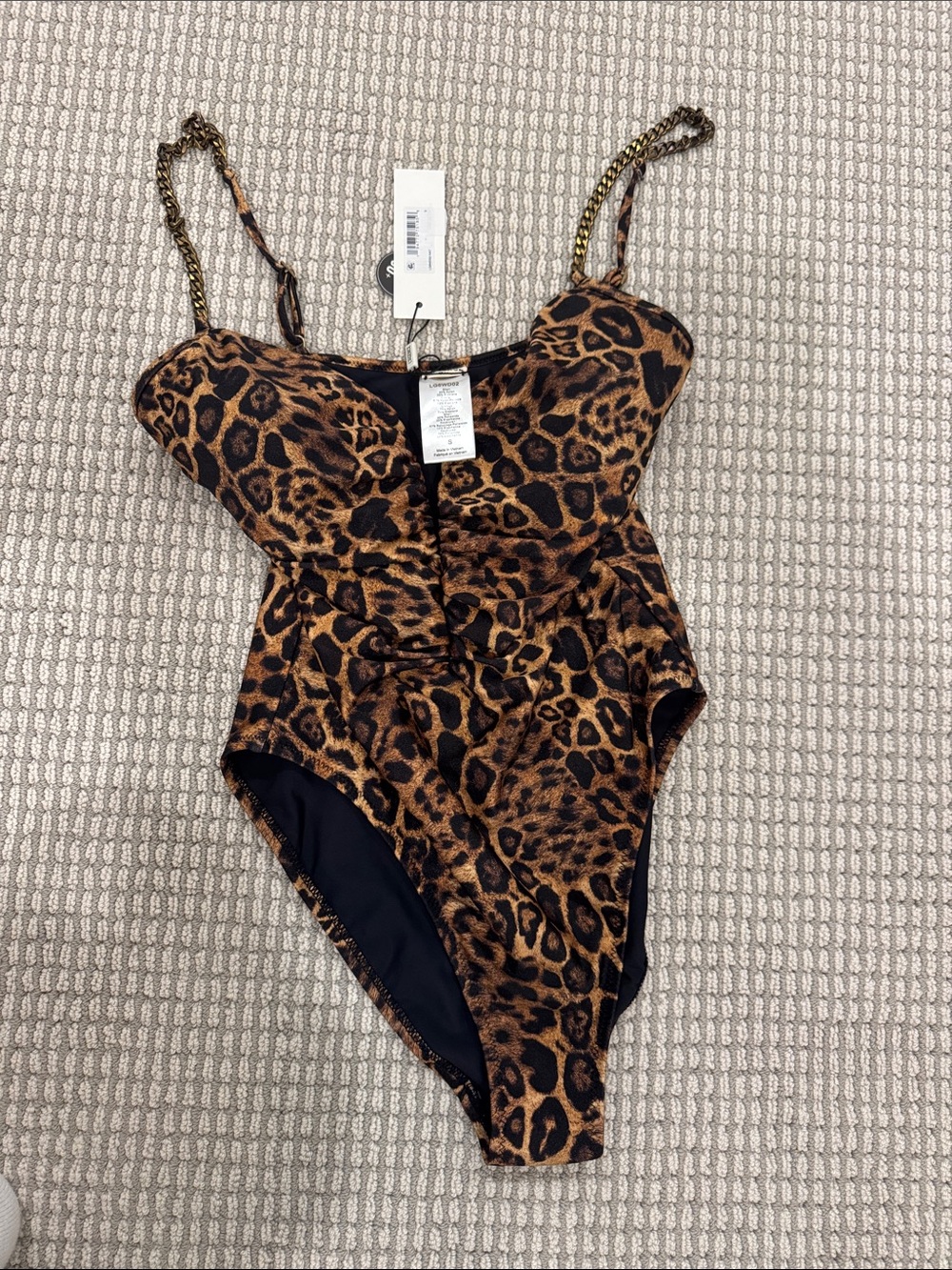 L'AGENCE Leopard Print One-Piece with Chain Straps - Brown & Black